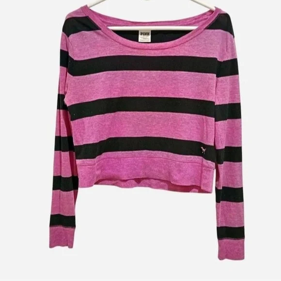 Victoria's Secret PINK Purple Black Stripe Long Sleeve Tee T Goth Alt Y2K 90's - Picture 8 of 11